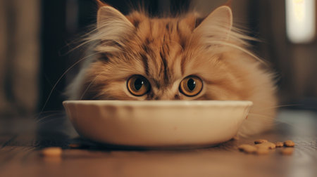 Fluffy overweight kitty peeking into an empty food bowl with a puzzled expression.の素材