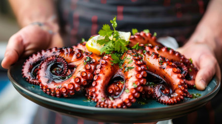 Hands holding a plate of grilled octopus tentacles, seasoned and garnished with fresh herbs.の素材