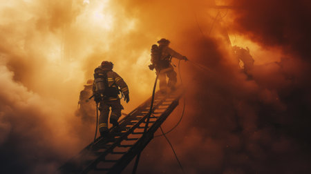 Firefighters rescuing trapped individuals from a burning building amid thick smoke.の素材