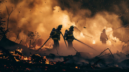 Firefighters battling a blaze with hoses and protective gear, amid smoke and debris.の素材