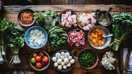 Ingredients for hot pot arranged neatly on a wooden table, ready to be cooked.の素材