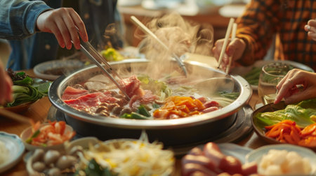 Friends gathering around a shabu-shabu table, dipping meat and vegetables into boiling broth.の素材