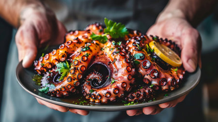 Hands holding a plate of grilled octopus tentacles, seasoned and garnished with fresh herbs.の素材