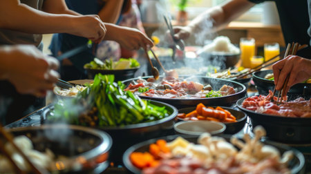Friends gathering around a shabu-shabu table, dipping meat and vegetables into boiling broth.の素材