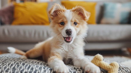 Fluffy puppy chewing on a toy bone, enjoying playtime in a living room setting.の素材