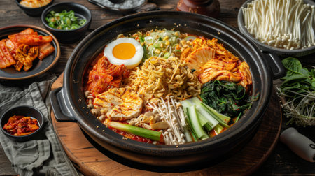 Korean army stew hot pot with kimchi, ramen noodles, and assorted vegetables.の素材