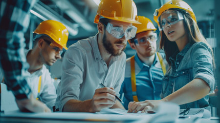 Group of engineers wearing safety helmets and analyzing technical drawings in an office.の素材