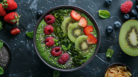Healthy smoothie bowl topped with dried grapevine seaweed flakes and fresh fruit.の素材