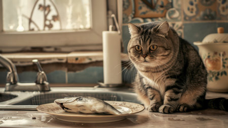 Funny overweight cat sitting on a kitchen counter next to a half-eaten plate of fish.の素材