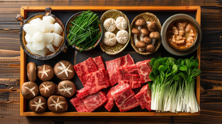 Ingredients for Japanese sukiyaki hot pot arranged on a bamboo trayの素材