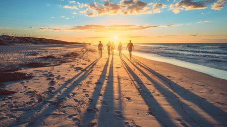 Long shadows of people walking along a sandy beach during sunset.の素材