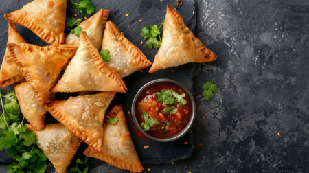 Indian samosas with spicy potato filling, served with chutney and garnished with cilantro.の素材