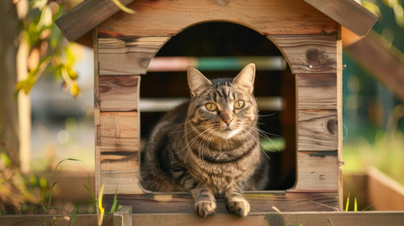 Outdoor cat house with a happy cat sitting at the entrance, enjoying the fresh air.の素材
