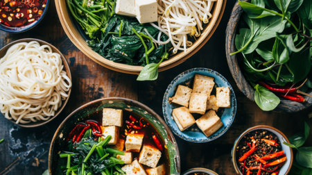 Ingredients for Chinese hot pot, including tofu, noodles, and leafy greens.の素材