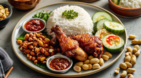 Malaysian nasi lemak platter with coconut rice, fried chicken, peanuts, and sambal.の素材