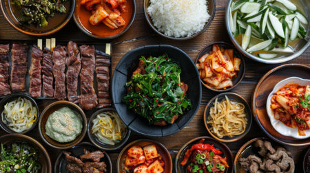 Korean barbecue feast with grilled meats, kimchi, and assorted banchan side dishes.の素材