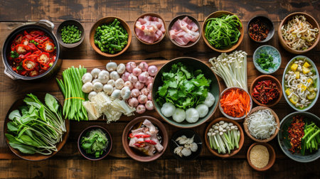 Ingredients for hot pot arranged neatly on a wooden table, ready to be cooked.の素材