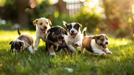 Group of puppies playing together in a grassy backyard, filled with playful energy and joy.の素材