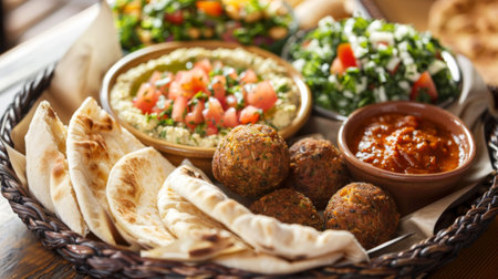 Middle Eastern mezze platter with hummus, falafel, tabbouleh, and pita bread.の素材