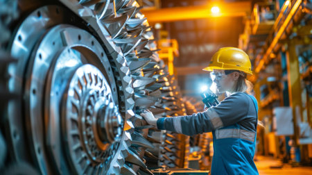Mechanical engineer inspecting a large industrial machine with a flashlight and toolkit.の素材