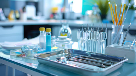 Orthodontist office with a close-up of braces tools and equipment on a tray.の素材