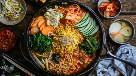 Korean army stew hot pot with kimchi, ramen noodles, and assorted vegetables.の素材