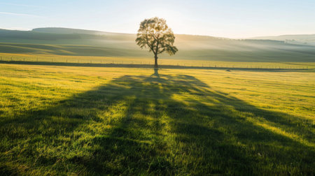 Long shadow of a lone tree stretching across a grassy field at sunrise.の素材