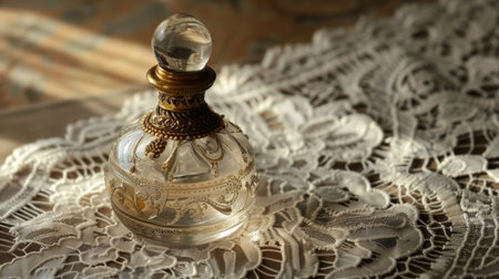 Perfume bottle with a vintage design and ornate cap, placed on a lace doily.の素材