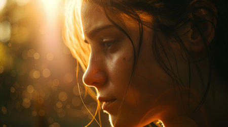 Photographer capturing a portrait with natural sunlight, creating a play of light and shadow on the subject's face.の素材