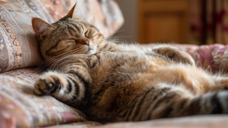 Lazy chubby cat sprawled comfortably on its back after a hearty meal, looking content.の素材