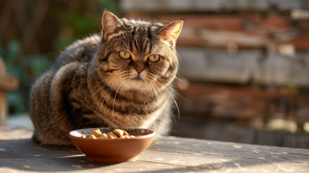 Overweight tabby cat sitting contentedly beside a bowl of cat treats, ready to eat.の素材