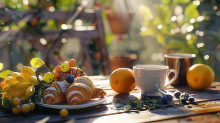 Morning breakfast setup with a cup of coffee, croissants, and fresh fruit on a sunny table.の素材