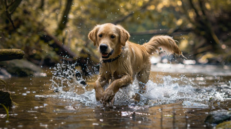 Playful dog splashing in a shallow stream during a walk in the woods, enjoying the natural surroundings.の素材