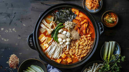 Korean army stew hot pot with kimchi, ramen noodles, and assorted vegetables.の素材