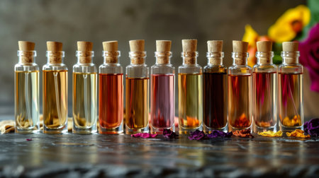 Perfume tester strips arranged in a row, showcasing various fragrances and scents.の素材