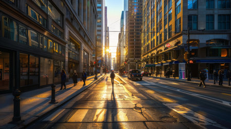 Play of light and shadows on an urban street, as sunlight streams between tall buildings.の素材