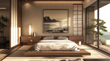 Minimalist bedroom with a platform bed, Japanese-inspired decor, and tatami mats.の素材