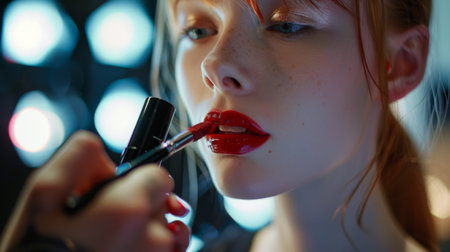Makeup artist applying lipstick to a model, highlighting the process of beauty enhancement.の素材
