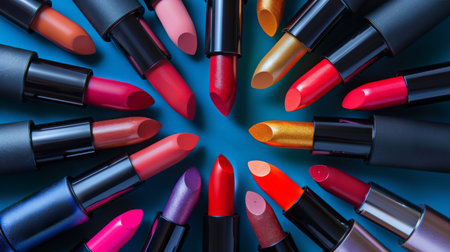 Open lipstick tubes arranged in a circular pattern, showcasing different colors and brands.の素材