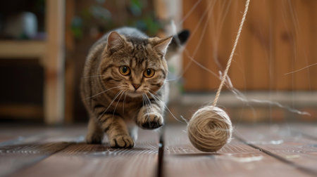 Playful rotund cat chasing after a rolling ball of yarn after finishing its meal.の素材