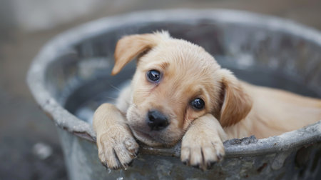 Puppy getting its paws cleaned in a small basin, looking playful and curious.の素材