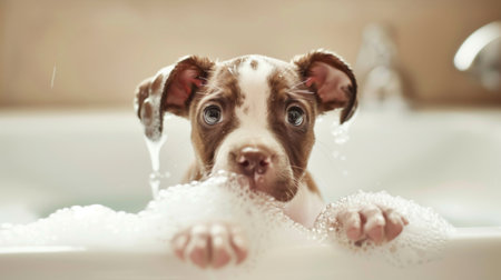 Puppy sitting in a bathtub filled with bubbles, ears wet and looking adorably surprised.の素材