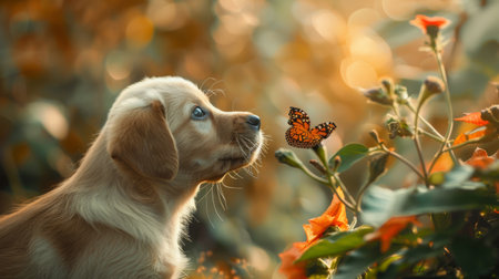 Puppy looking curiously at a butterfly in a garden, capturing a moment of innocent wonder.の素材