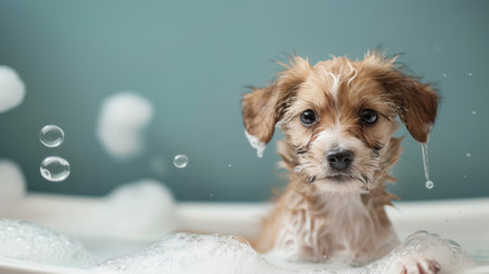 Puppy sitting in a bathtub filled with bubbles, ears wet and looking adorably surprised.の素材