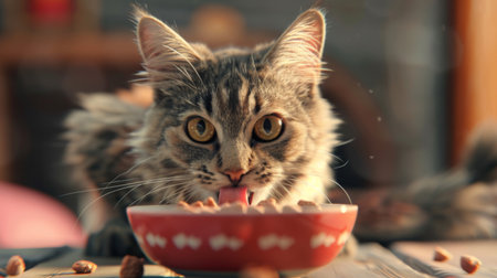 Plump kitty licking its lips after finishing a bowl of creamy cat food, looking satisfied.の素材