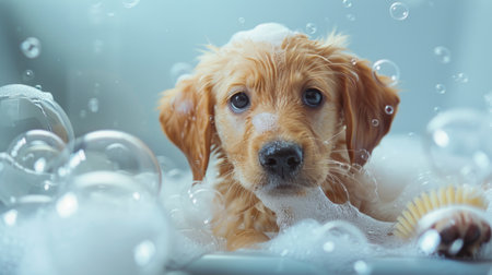 Puppy getting a scrub with a soft brush, surrounded by soap bubbles and water.の素材