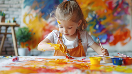 Preschooler painting with watercolors, creating artwork on a large paper sheet.の素材