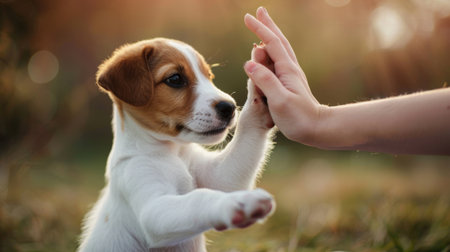 Puppy giving its owner a high five, showing off a cute trick and their strong bond.の素材