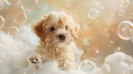 Puppy getting a scrub with a soft brush, surrounded by soap bubbles and water.の素材