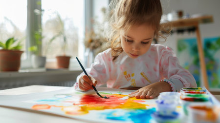 Preschooler painting with watercolors, creating artwork on a large paper sheet.の素材